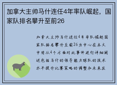 加拿大主帅马什连任4年率队崛起，国家队排名攀升至前26